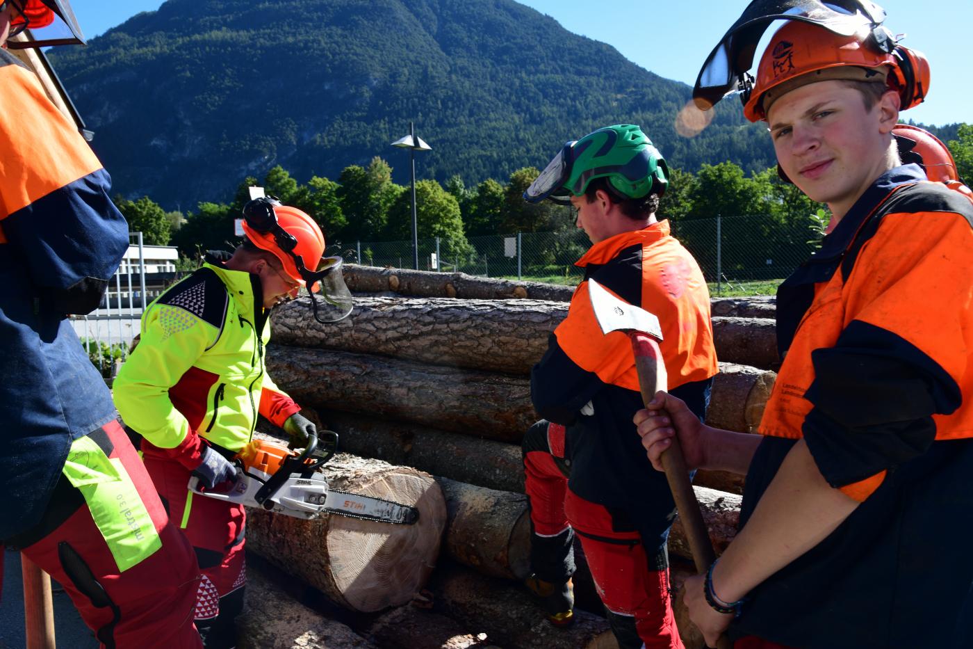 Schüler bei der Forstpraxis beim Holzschneiden mit der Motorsäge